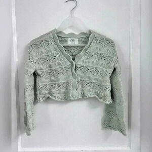 Zara Pointelle Mint Green V Neck Cardigan Bell Sleeve Size 11/12 KIDS